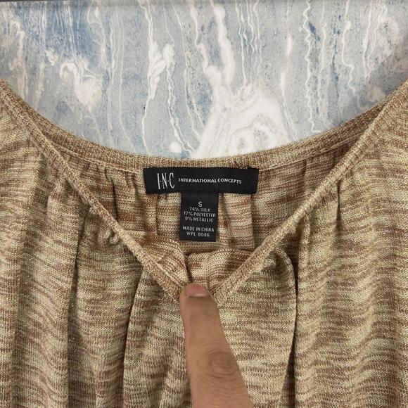 Fairy Boho Cottage Preppy Gold Tan Ribbed Long Sleeve Top (S) - Picture 3 of 7